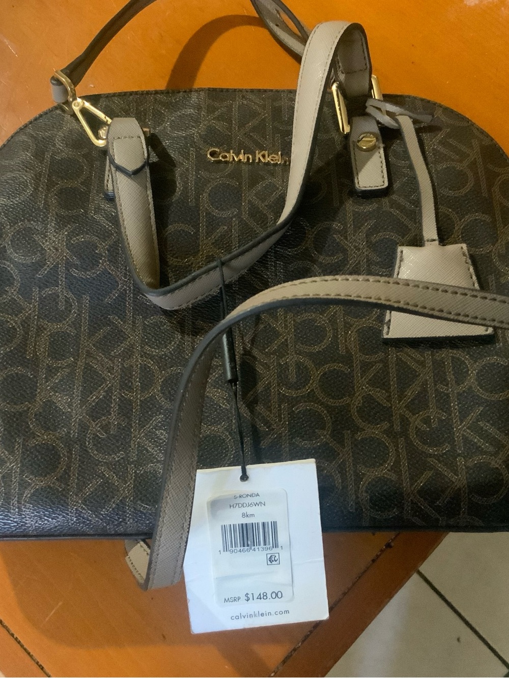 Calvin Klein Brown Logo Dome Satchel with Tan Accents